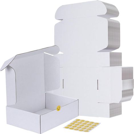Cardboard Packaging Package 25.5 x 17.7 x 7.5 cm, 25 White Cardboard Shipping Boxes Comes with Smiling Face Stickers (1/5)