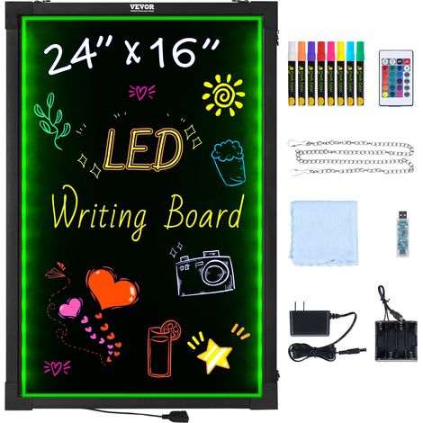 VEVOR Tableau deecriture de messages LED, 405 x 605 mm, tableau de menu noir effet neon effacable eclaire avec 8 marqueurs de craie fluorescentes et telecommande, selon les normes UL pour la maison
