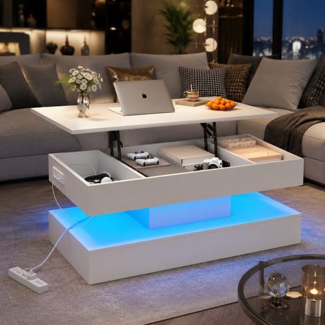 Tavolino da salotto rialzabile LED con vano nascosto, 100 x 50 x 42 cm, bianco DESVIAE (1/5)