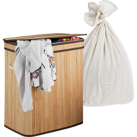 Cesta de lavandería de bambú, 3 compartimentos, plegable