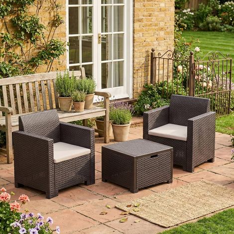 Dmora - Lounge-Set für den Außenbereich Dkrajn, Gartenset mit Kissen, Lounge-Set für den Innenbereich in Rattan-Optik, 100 % Made in Italy, Braun (1/5)