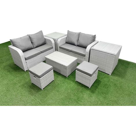 Fimous 6 Seater Outdoor Love Sofa Set Rattan Garden Furniture Set with Rectangular Coffee Table 2 Small Stools 2 Side Tables Light Grey (1/4)