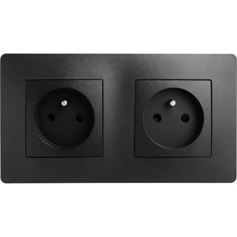 Prise Électrique 2P+T Double/2 postes Horizontaux - Prise Murale 16A avec Terre - Plastique - Installation Encastrée - Noire - 156 x 85 x 39 mm (1/2)