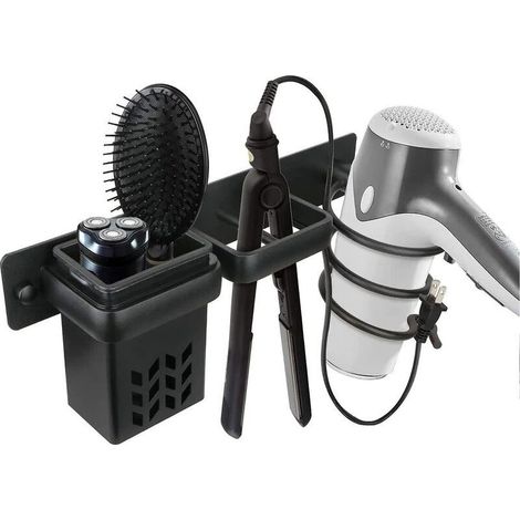Salle De Bain Rangement pour Sèche-Cheveux Porte Accessoires Support Organisateur Ensemble Et Lisseur Accessoire Mural Professionnel En Aluminium Pour,D'étagère Avec Trous Pour Argenté Noir (1/5)