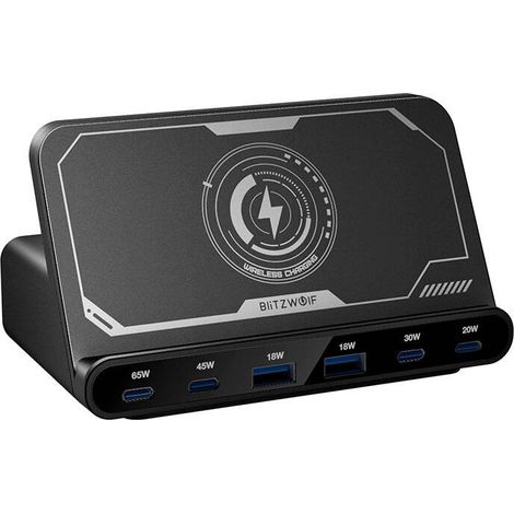 Blitzwolf BW-S27 160W Wandladegerät, 2xUSB-A, 4xUSB-C, 15W kabelloses Ladegerät (schwarz) (1/2)