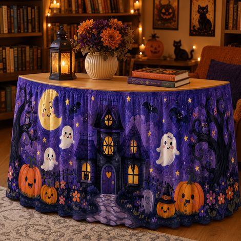 Nappe d'Halloween, tablier de table rond imprimé en polyester, nappe pour table de desserts de fête, nappe décorative pour la maison - 140 x 75 cm - 14