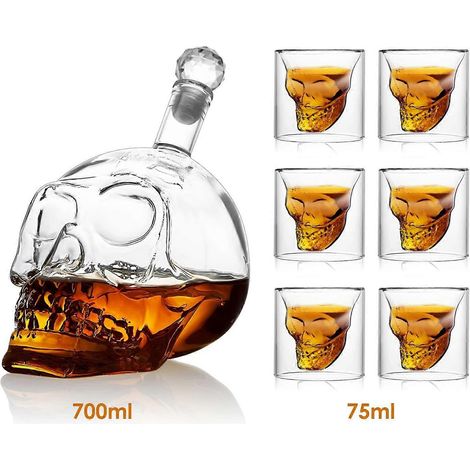 Totenkopfförmige Glasflasche, 700-ml-Flasche mit 6 x 75-ml-Totenkopfgläsern, totenkopfförmige Whisky-/Wodkaflasche