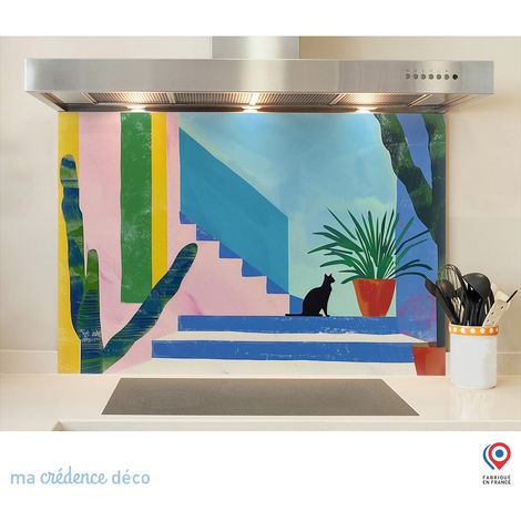 Fond de hotte :Chat, cactus et couleurs, Peinture - Verre trempé - 90 cm - 60 cm (1/5)