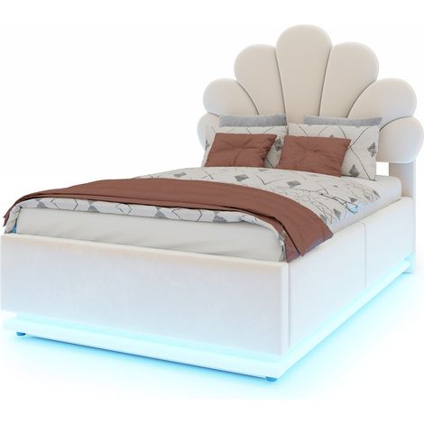 Lit 90x200 cm en velours beige avec tête de lit fleurie, rangement hydraulique, LED intégrées et cadre en métal pour chambre moderne  CHICFURN (1/5)