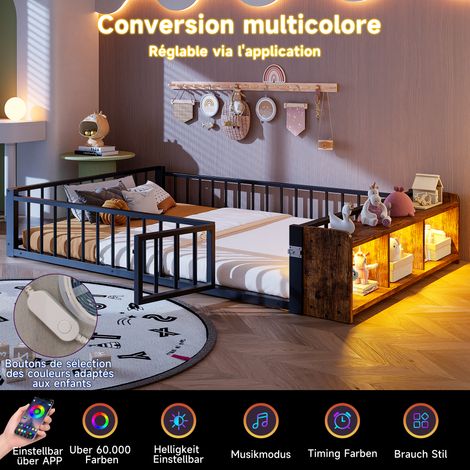 Lit plateforme en métal 140x200 cm, cadre en fer, sans matelas, avec barrière de protection, casiers et bande LED, noir (1/5)