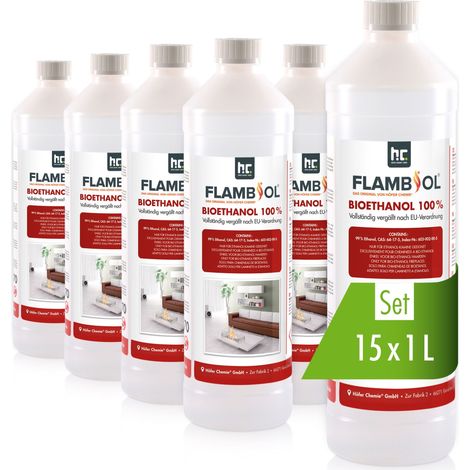 15x 1 L FLAMBIOL® Bioethanol Hochrein 100 % in Flaschen für Edelstahl-Tisch-Kamine