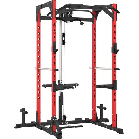 Stazione Fitness con Supporto per Bilanciere e Barra per Trazioni e Dip, in Acciaio, 191x153x205 cm, Rosso e Nero (1/5)
