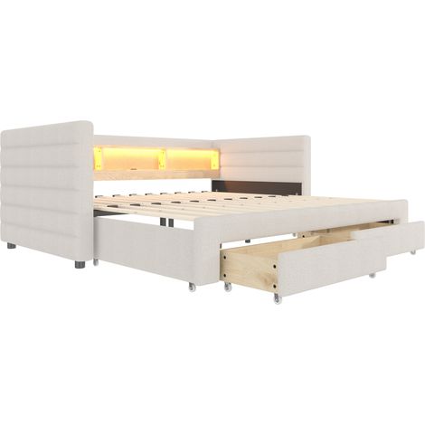 Ausziehbares Daybed 90 x 190 cm aus beigem Samt mit USB-C, LED und 2 Schubladen (1/5)