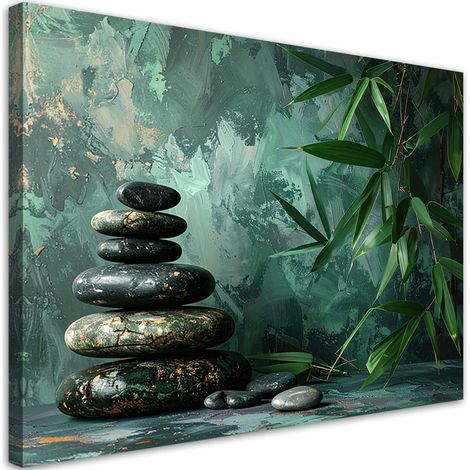 Tableau déco Pierres zen bambou sur fond vert 90x60 (1/4)