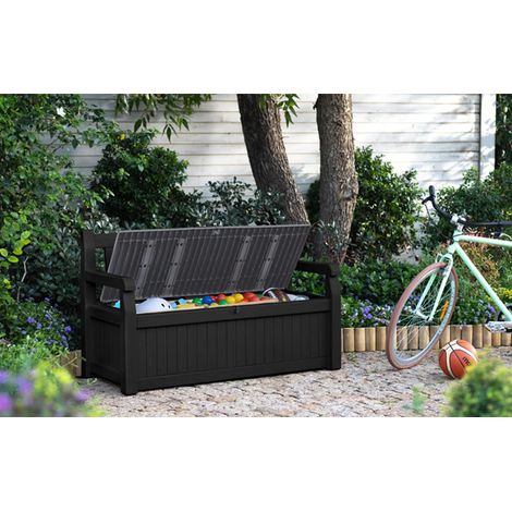 Banc de jardin avec coffre de rangement verrouillable – Résine texturée résistante – 265L – 140x60x84 cm – Anthracite – Tepro