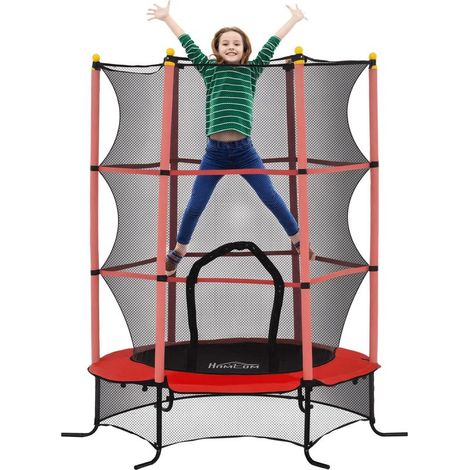 Trampoline Enfant Ø 1,63 × 1,9H m Filet de sécurité Porte zipée Couvre-Ressorts 6 poteaux rembourrés Inclus Rouge (1/5)