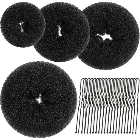 Ensemble de 4 accessoires pour chignon (très grand, grand, moyen, petit) avec 20 épingles à cheveux noires. (1/4)