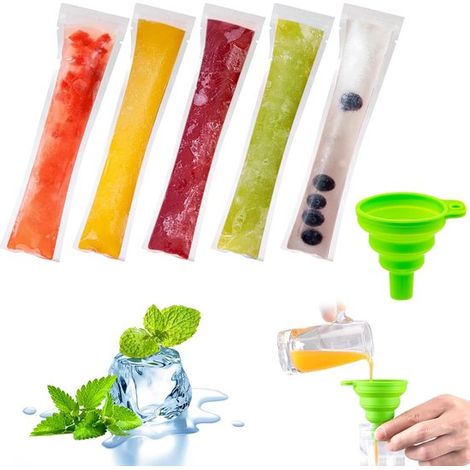 200 sacchetti per ghiaccio con imbuto, senza BPA, per fare i tuoi ghiaccioli, adatti al congelatore, ecologici, per ghiaccioli fatti in casa, sani (1/5)