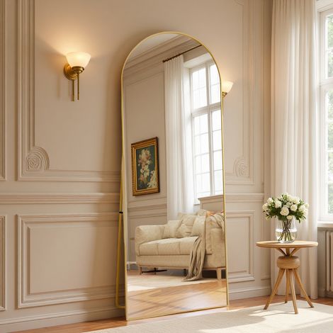 Miroir Plein Corps, 177 x 77 cm, Arqué Verre Trempé, Sur Pied & Mural, Salon Chambre, Doré