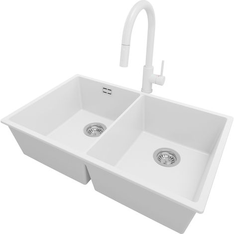 PRIMAGRAN Evier Sous Plan 76x47cm, Evier en Granit 2 bacs + Robinet 40x20cm + Kit de Vidage, Évier au meuble 80cm - London Twin, Blanc (1/5)