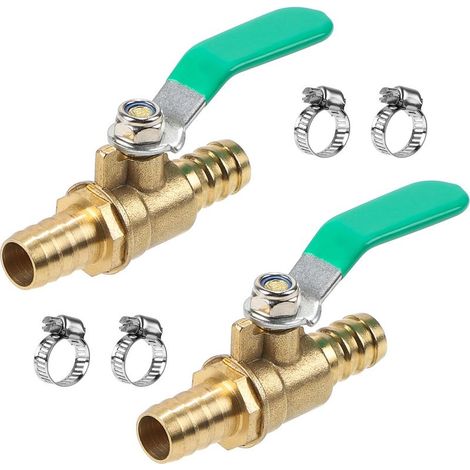 2 Pièces 12mm Vanne à Bille en Laiton, 2 Voies Robinet à Tournant Sphérique avec 4 Colliers de Serrage, Raccord de Tuyau Cannelé pour Contrôler Flux d'Air d'Eau d'Huile (1/5)