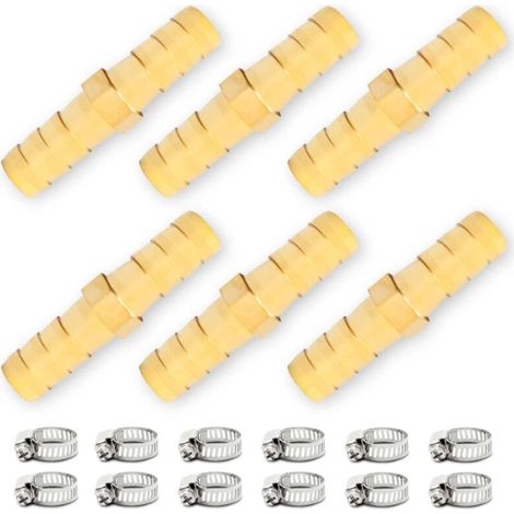 6-Piece 6mm Brass Barbed Connector, 2-Way Straight Hose Fitting with 12 Clamps (1/4)