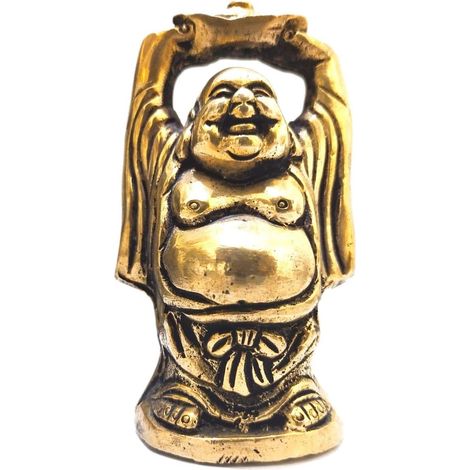 Statue de Bouddha rieur en laiton antique doré 9 cm pour décoration de la maison - Article décoratif pour le salon, la chance, la richesse et la prospérité - Finition dorée antique - Cadeaux (1/5)