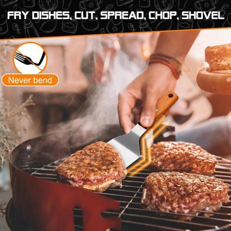 Spatule - Acier Inoxydable - Poignée Bois - Pour Barbecue Teppanyaki Hamburgers Steak - 2 Pièces (1/4)