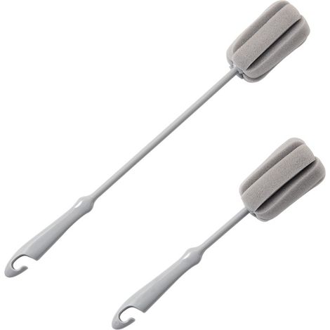 Zwei graue Flaschenbürsten, 38 cm und 25 cm lang eine Schwammbürste und eine Reinigungsbürste. (1/5)