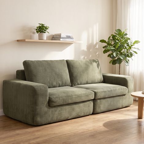 Canapé 3 Places en Velours Côtelé, Canapé de Salon Compressé Moderne 236 cm avec Coussin à Ressorts, Vert (1/5)