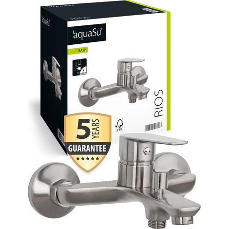'aquaSu® Wannenarmatur Rios mit Umsteller, Typ 1/2 '' Brauseabgang unten, Wandbefestigung, Standard S-Anschlüsse, Keramikkartusche, Messingkern, Edelstahl, 798747 (1/5)