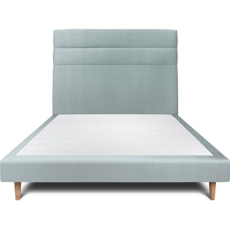 Lit 135x190cm avec tête de lit lignes velours et sommier tapissier gris bleuté - Hauteur totale : 29cm (1/5)