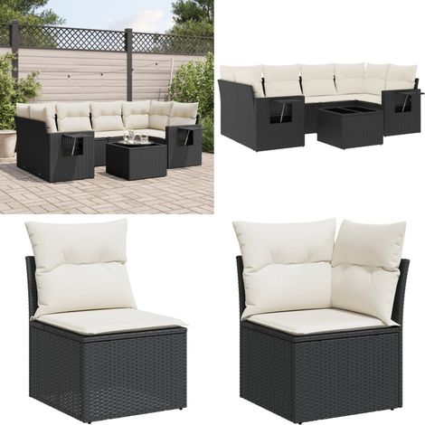 Salon de jardin 7 pcs avec coussins noir résine tressée - Ensemble Salon De Jardin - Meuble De Jardin - Salon Exterieur - Résine Tressée - Rotin Synthétique - Home & Living (1/5)