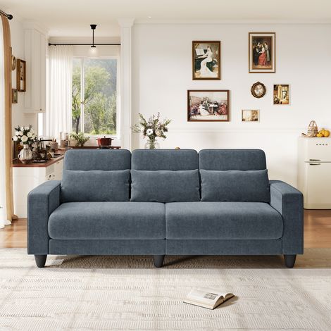 Dreisitzer-Sofa aus blaugrauem Chenille-Gewebe, integriertes Lendenkissen + abnehmbares waschbares Kissenbezug für Kissen, Federkernkomfort, 220x81x88cm