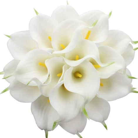 Bouquet de mariée de 20 lys calla artificiels en latex, toucher réaliste, pour la maison, les fêtes et les mariages (blanc et jaune).-AquaForge (1/5)
