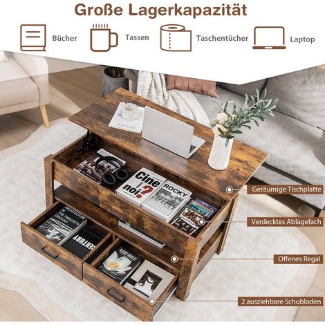 Verstellbarer couchtisch mit schubladen holz 106 x 50 x 48 cm braun