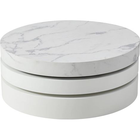Vente-Unique – Table basse ronde pivotante 80x80cm – MDF effet marbre blanc et laqué – 1 niche de rangement – Charge max 50kg (1/5)