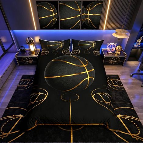 Parure de lit avec housse de couette et 2 taies d'oreiller motif basketball pour chambre à coucher pour garçons et filles housse de couette moderne et dorée 220 x 230 cm (1/3)
