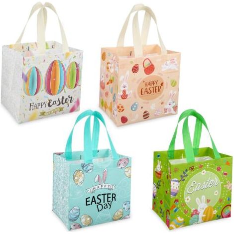 Set of 4 reusable Easter egg hunt bags with handles, featuring adorable bunnies searching for eggs. These non-woven Easter bags are perfect for gift wrapping, egg hunts, and other Easter-themed access (1/5)