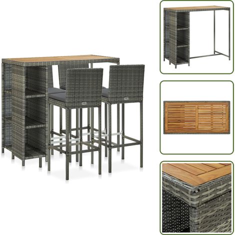 5-tlg. Gartenbar-Set mit Kissen Poly Rattan Grau - Gartenbar - Gartenmöbeln - Outdoor Furniture - Rattan Gartenmöbel - Wetterfestes Gartenmöbel (1/5)