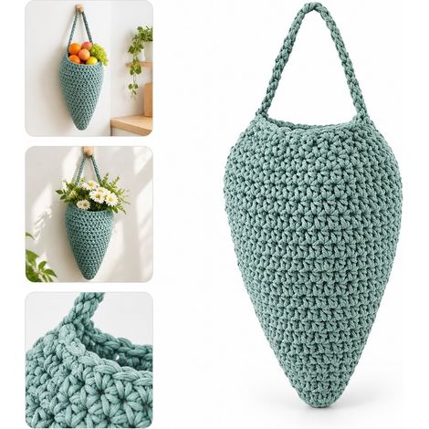 Panier Suspendu Mural en Coton Tresse Forme Nid pour Fruits et Legumes Bleu 36 x 20 cm (1/5)