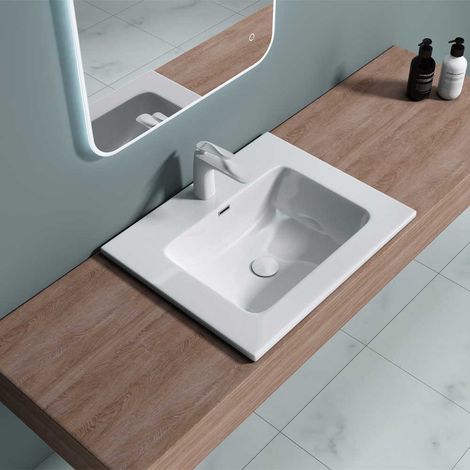 Bathroom Cloakroom 600 x 480mm Stone Resin - Semi Recessed Bathroom Basin sink - One Tap Hole with Overflow - Durovin Bathrooms (1/5)