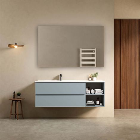 Mobile bagno sospeso 140 cm Blu Avio Lavabo a Sinistra in Resina Specchio Quadro - Fiji Paint Plus (1/4)