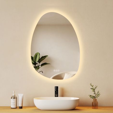 EMKE LED Badezimmerspiegel 55x75cm Kieselsteinform Wandspiegel 3 Lichtfarben Dimmbar Anti Fog Touch Schalter Auto Off (1/5)