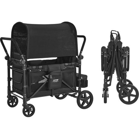 4-Sitzer-Kinderwagen, faltbarer Push-Pull-Kinderbuggy mit verstellbarem Griff, 5-Punkt-Sicherheitsgurt & abnehmbarem Verdeck, Bollerwagen für Camping, Schwarz (150 kg Tragkraft) (1/5)