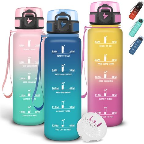 Gourde 1l, Gourde Sport, Avec Marqueur de Temps, Gourdes Graduée pour 1 Journee avec Filtre, Verrou de Sécurité, Anti Fuite Bouteille Motivationnelle pour Bureau, Velo, Voyage (1/5)