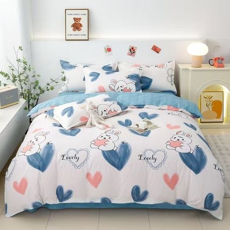 Housse de Couette 220x240 100% Microfibre Motif Botanique Parure de Lit avec Fermeture Éclair Housse+draps+2 taies-amour lapin (1/2)