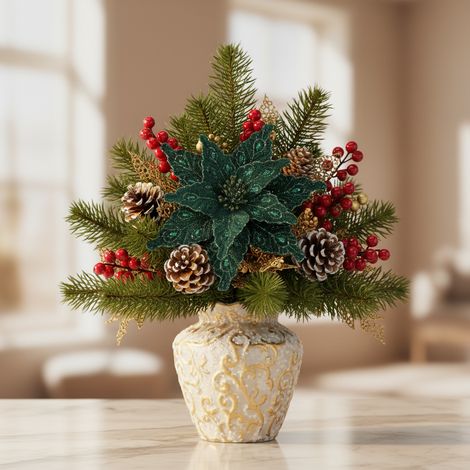Fiore natalizio "Stella di Natale" in tessuto colore verde per decorazioni e composizioni, da 28 cm (1/4)