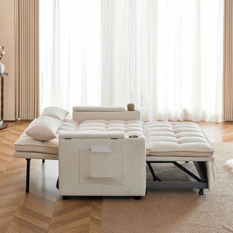 Canapé-lit convertible 3-en-1 142 cm, avec espace de rangement, porte-gobelets, poches latérales et 2 coussins lombaires - Beige (1/5)