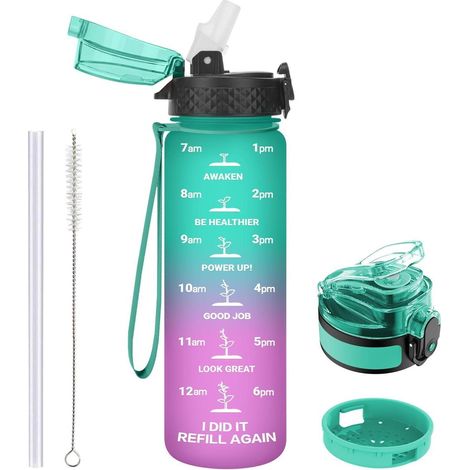 Trinkflasche Kinder Auslaufsicher Strohhalm 500 ml 2 Deckel Grün Lila (1/5)
